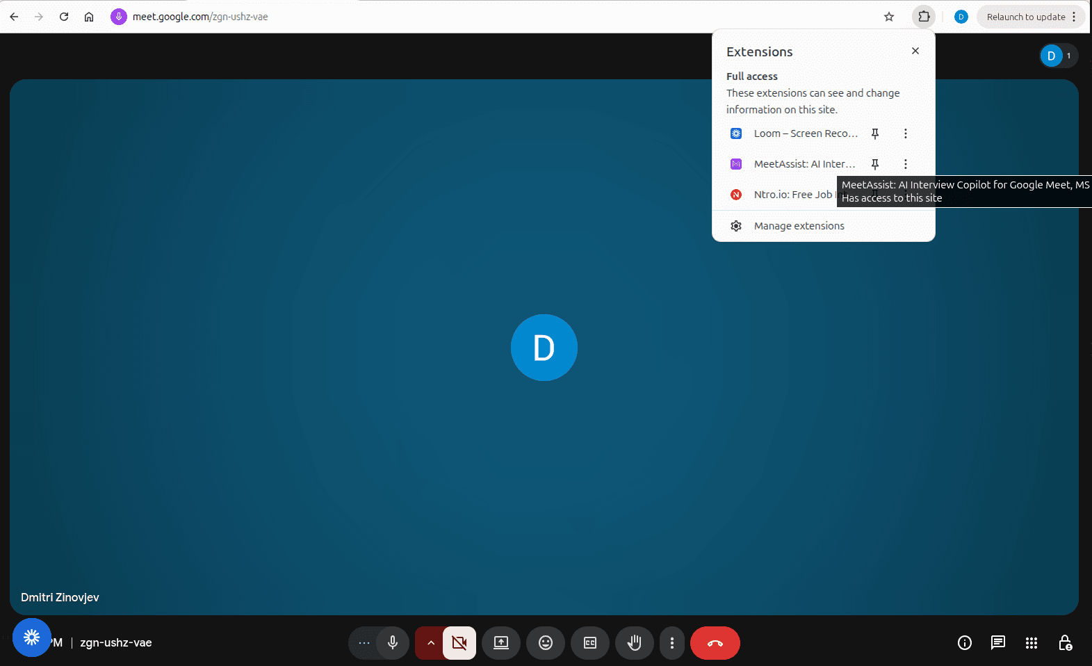 Opening MeetAssist extension