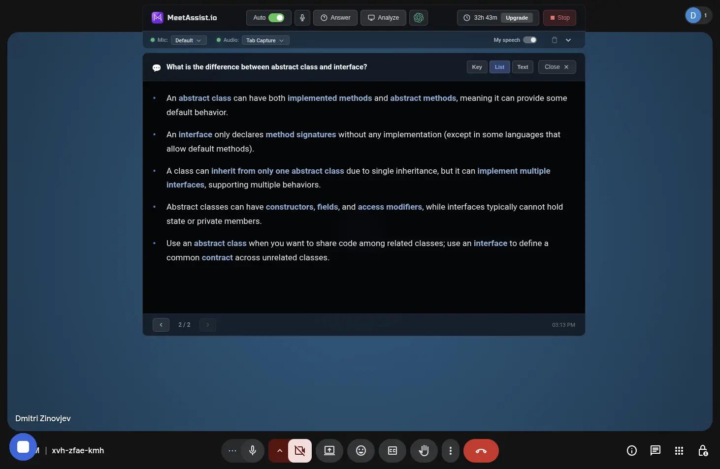 MeetAssist AI Interview Assistant in action