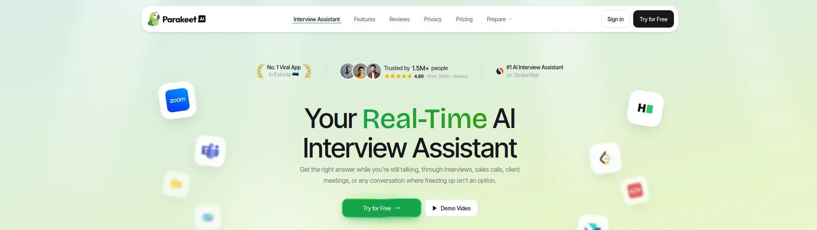 Parakeet AI homepage: “Your Real-Time AI Interview Assistant” with Try for Free and Demo Video buttons