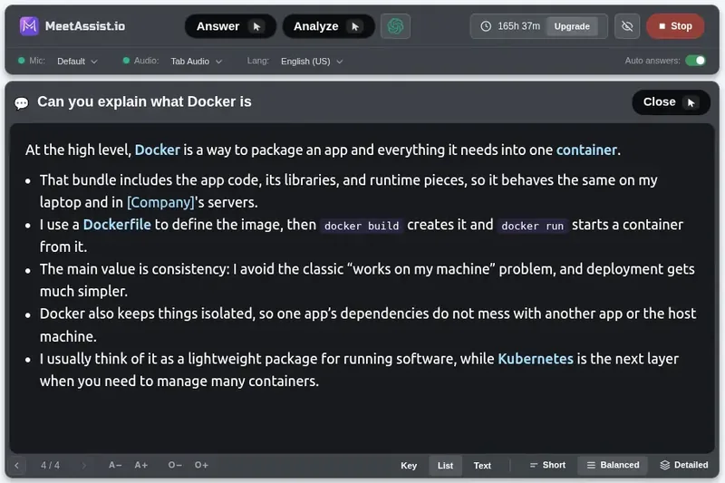 MeetAssist answer formats — keywords, talking points, or full text at adjustable depth