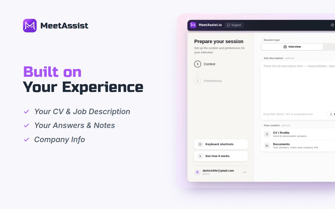 Built on your experience: your CV and job description, your answers and notes, and company info, on the MeetAssist session setup screen.