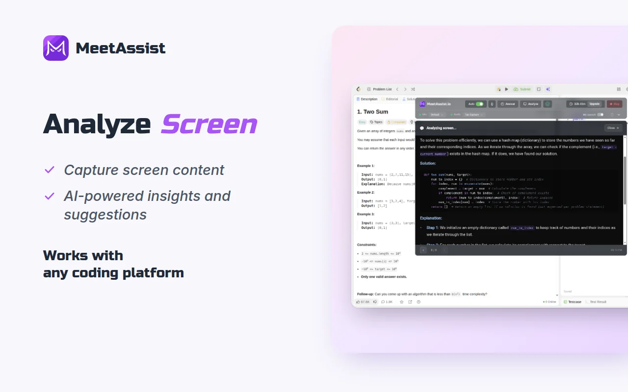 Analyze screen: MeetAssist analyzing a LeetCode task in a Chrome tab, with the solution and the explanation.