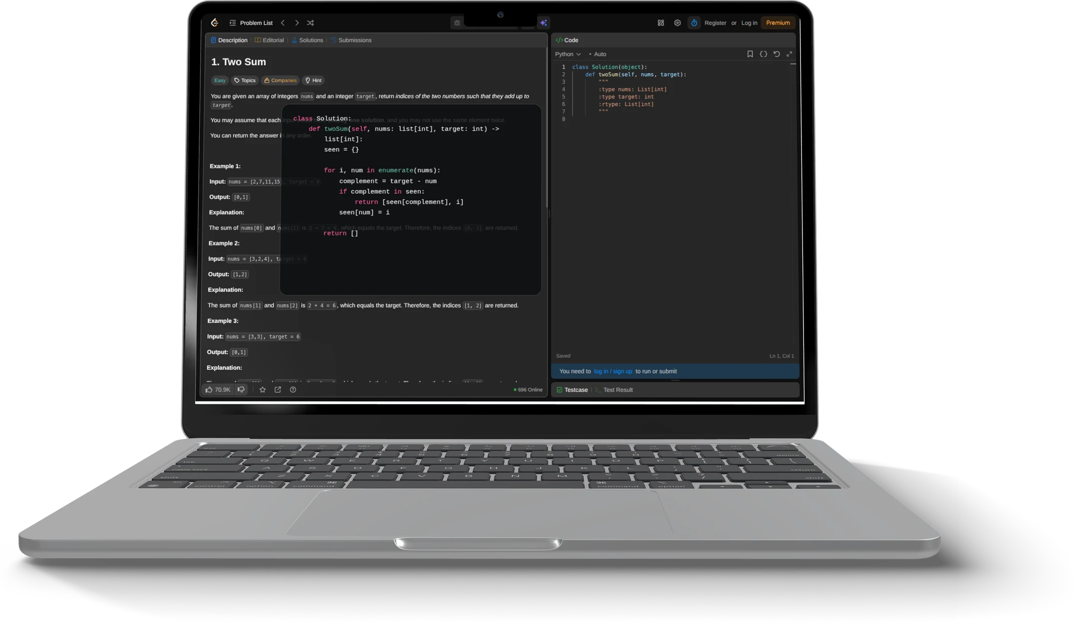A MacBook with the Two Sum problem open on LeetCode and the MeetAssist code window over it, showing a Python solution