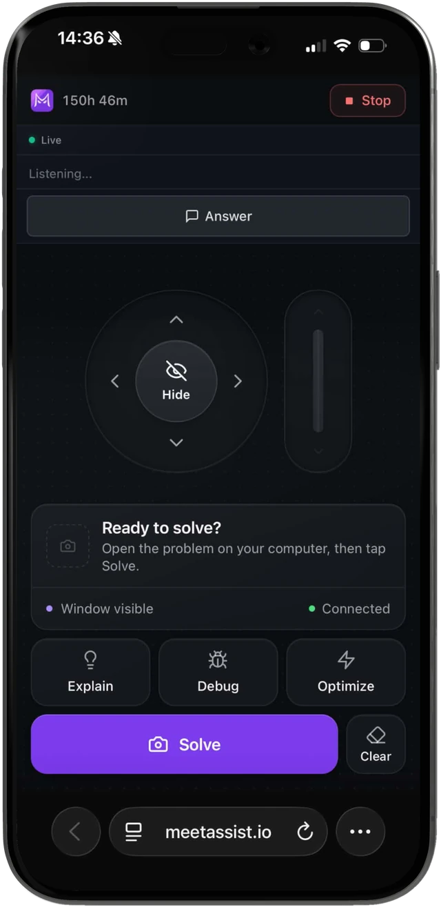 The MeetAssist Coding remote on an iPhone: Answer, a wheel to move and hide the window, Explain, Debug, Optimize and Solve