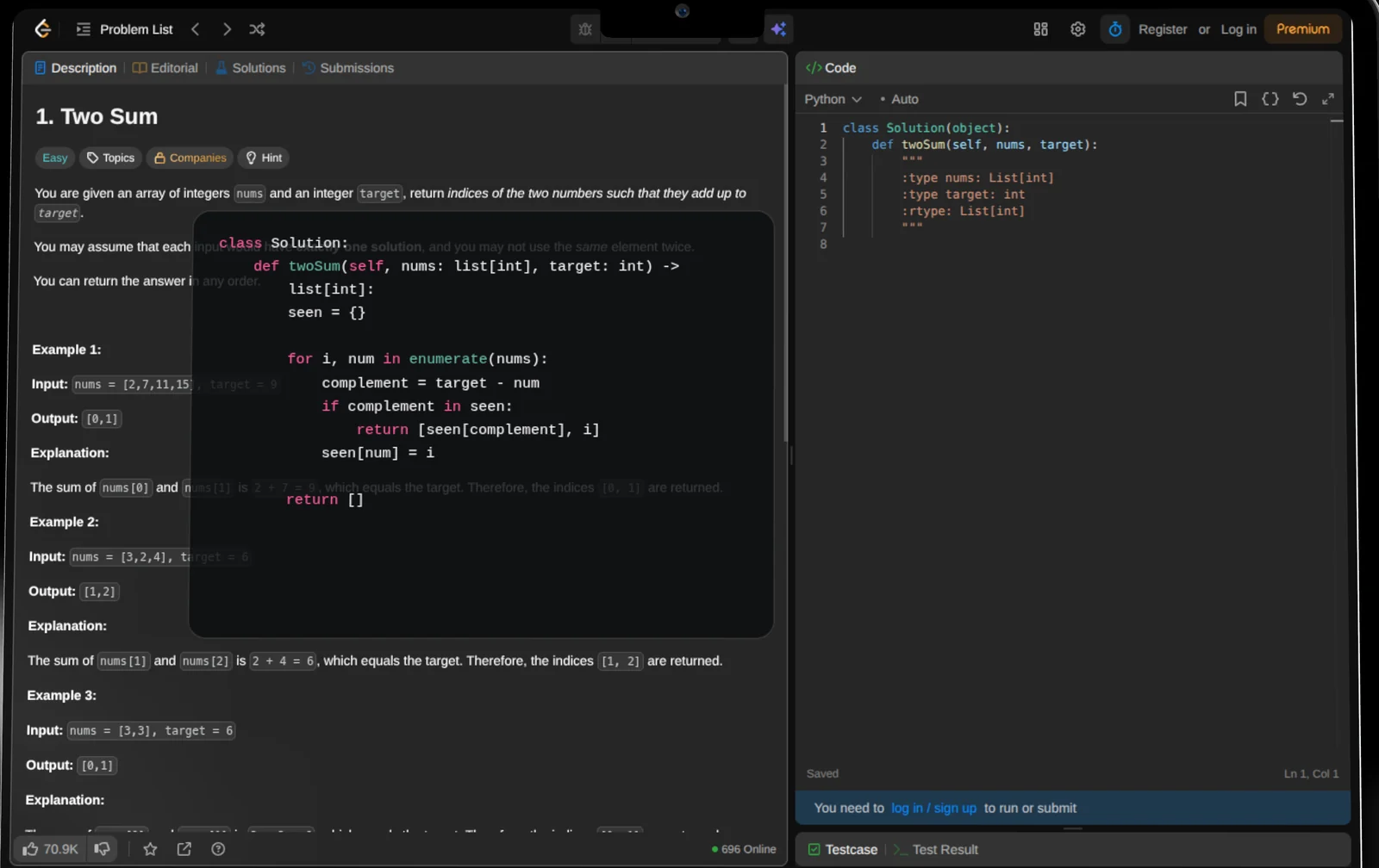Your screen: the same Two Sum with the MeetAssist code window showing a Python solution