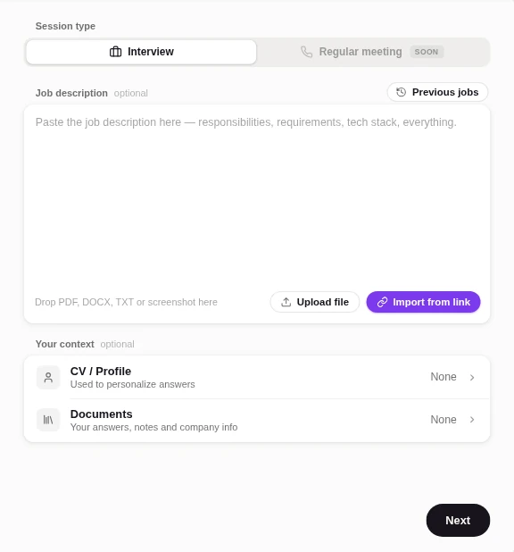 The MeetAssist setup screen: the job description field with Upload file and Import from link, and Your context with CV / Profile and Documents
