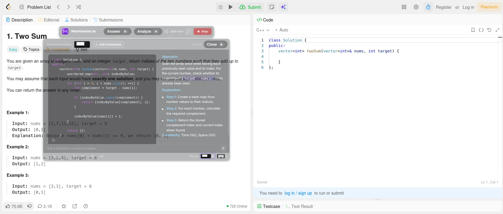 MeetAssist Analyze explaining the approach and complexity of the LeetCode Two Sum problem