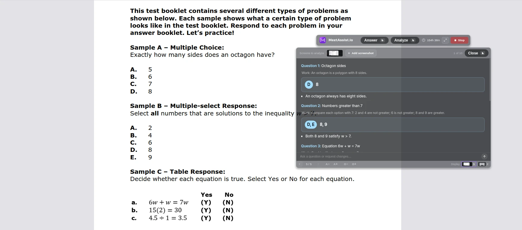 MeetAssist Analyze answering multiple-choice test questions with explanations