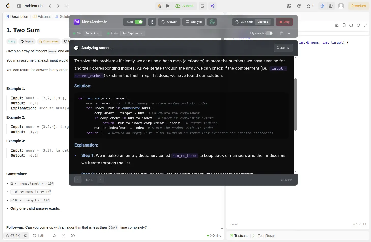 The MeetAssist Chrome extension over a LeetCode Two Sum tab, showing Analyze’s approach, the Python solution and the explanation