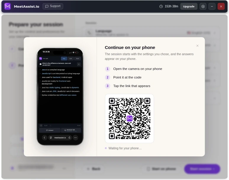 The MeetAssist desktop app showing the Continue on your phone QR code
