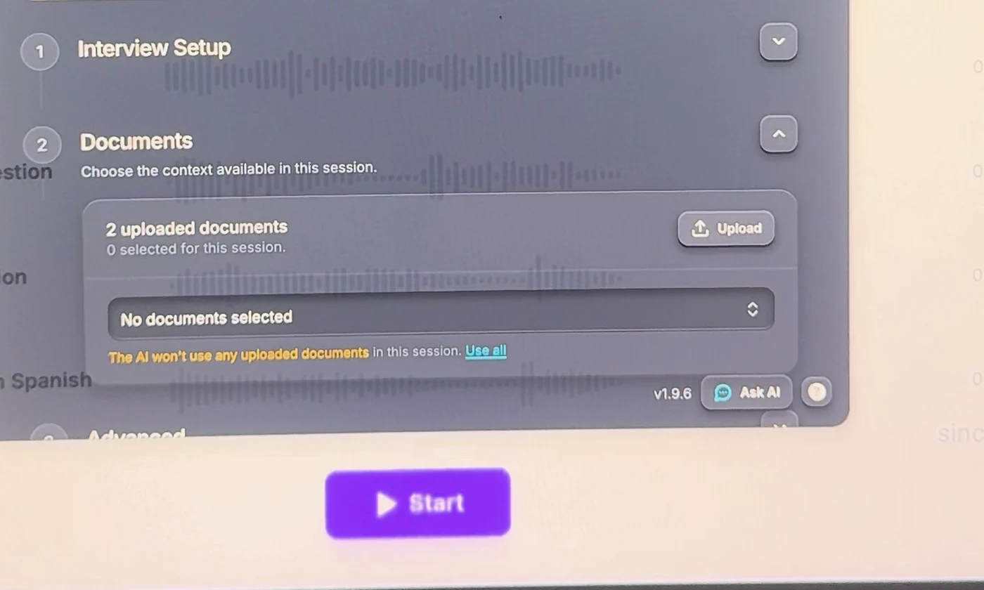 LockedIn AI Documents section: 2 uploaded documents, 0 selected for this session, The AI won't use any uploaded documents in this session