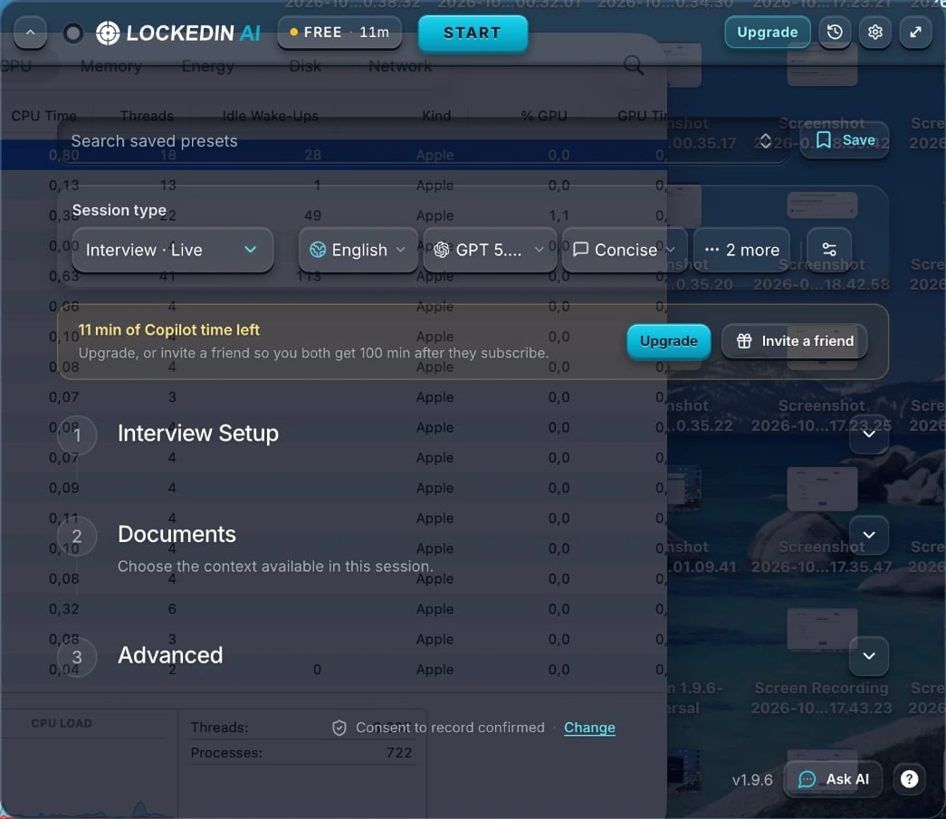 LockedIn AI main panel: FREE 11m badge, START button, session type Interview · Live, English, GPT 5 model, Concise, a banner 11 min of Copilot time left, and the Interview Setup, Documents and Advanced sections