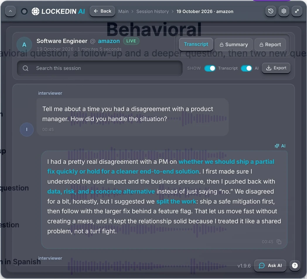 LockedIn AI session view on a Mac: the interviewer's question about a disagreement with a product manager and LockedIn's suggested answer, with Transcript, Summary and Report tabs