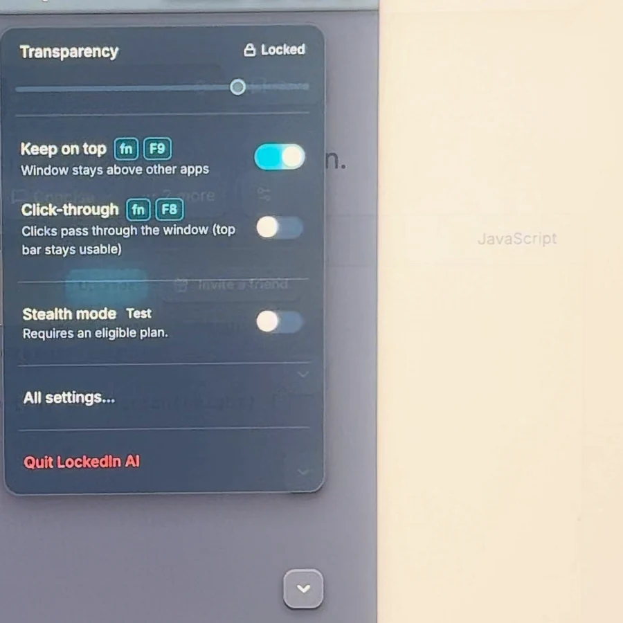 LockedIn AI gear menu: Transparency, Keep on top, Click-through, Stealth mode requires an eligible plan, All settings, and Quit LockedIn AI at the bottom