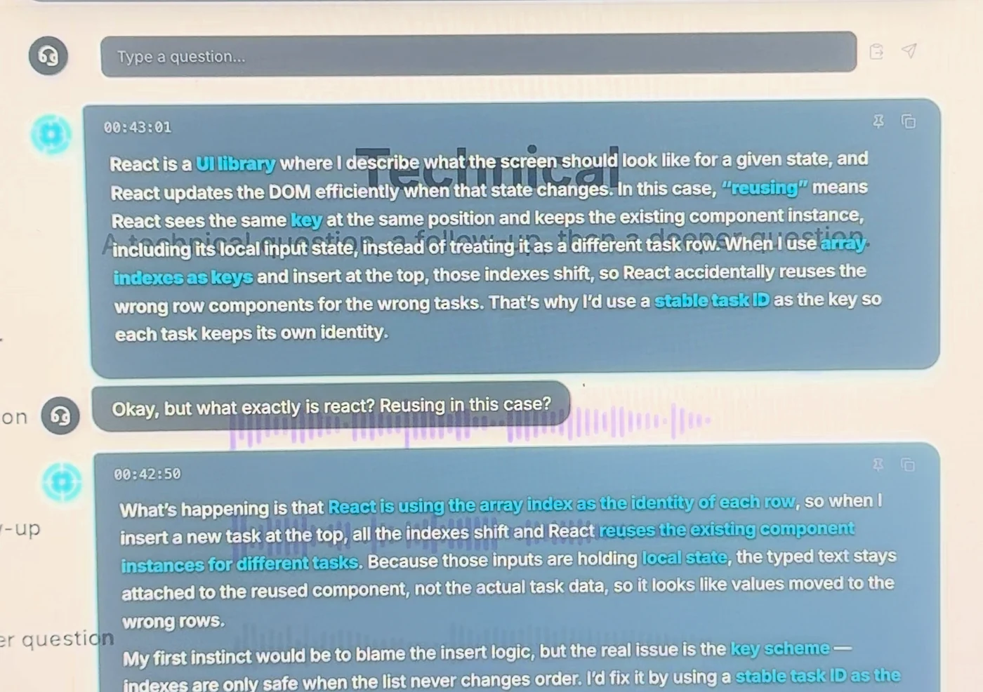 LockedIn AI answer that starts: React is a UI library where I describe what the screen should look like for a given state