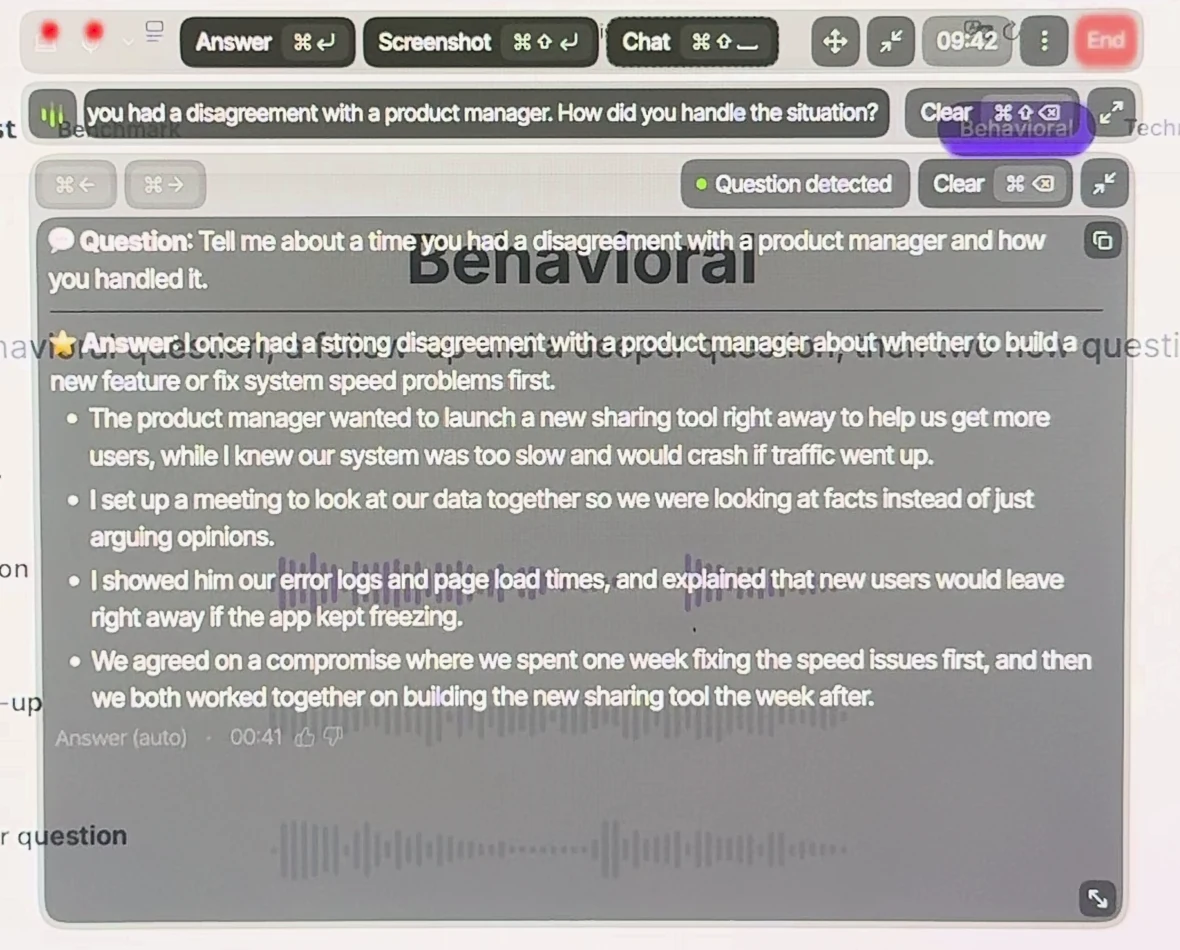Parakeet answer with no documents uploaded: I once had a strong disagreement with a product manager about whether to build a new feature or fix system speed problems first, with invented details about error logs and a one-week compromise