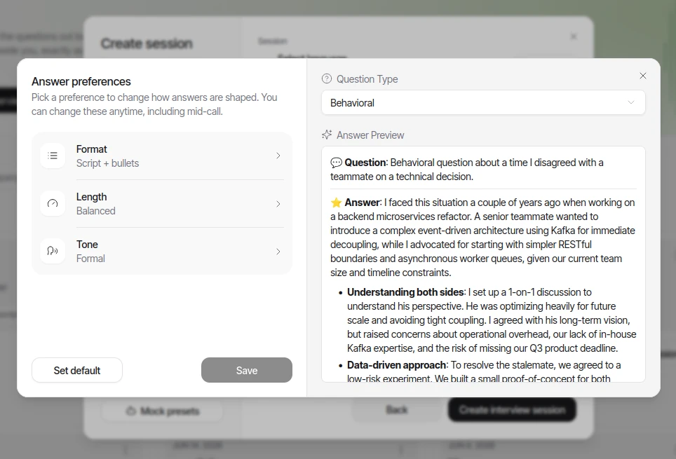 Parakeet's Answer preferences: Format Script plus bullets, Length Balanced, Tone Formal, with an answer preview for a behavioral question that starts I faced this situation a couple of years ago