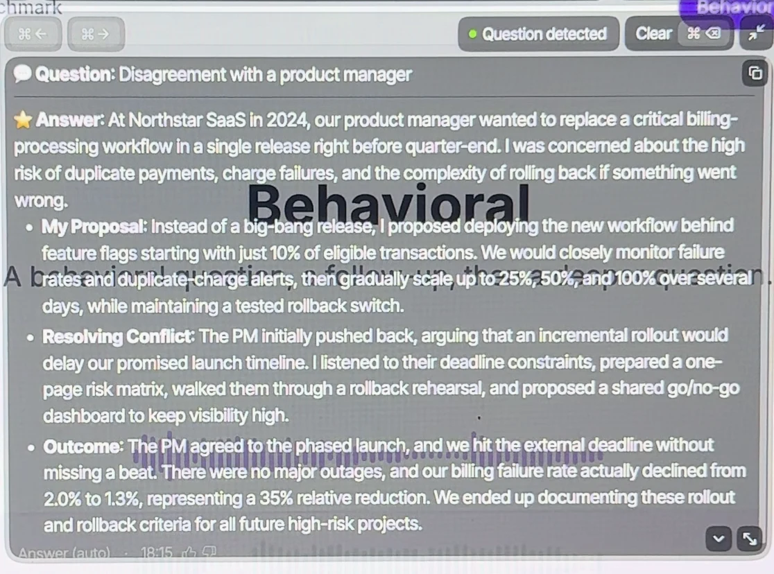 Parakeet answer titled “Disagreement with a product manager”: At Northstar SaaS in 2024, with sections My Proposal, Resolving Conflict and Outcome, including the 10% to 100% rollout and the failure rate from 2.0% to 1.3%