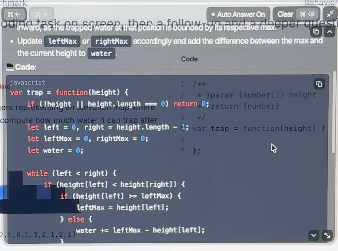 Parakeet coding answer: the start of the JavaScript code, var trap = function(height), with left, right, leftMax, rightMax and water