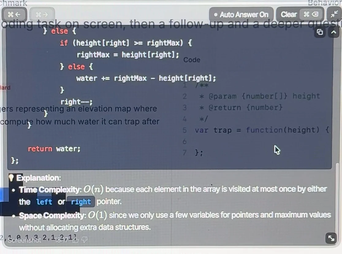 Parakeet coding answer: the end of the JavaScript code returning water, then an Explanation with time complexity O(n) and space complexity O(1)
