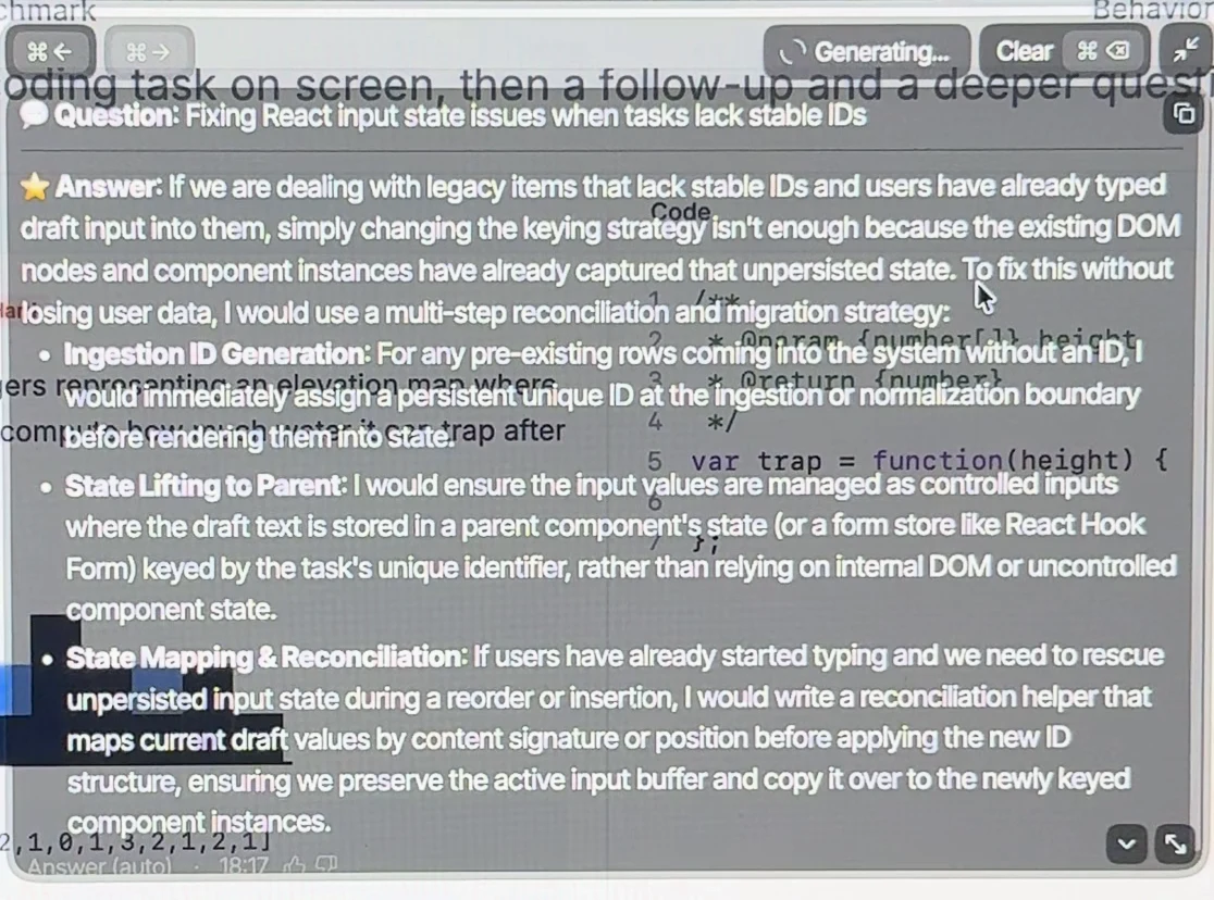 Parakeet panel labelled “Generating…” while it still shows the previous answer, “Fixing React input state issues when tasks lack stable IDs”, over the coding page