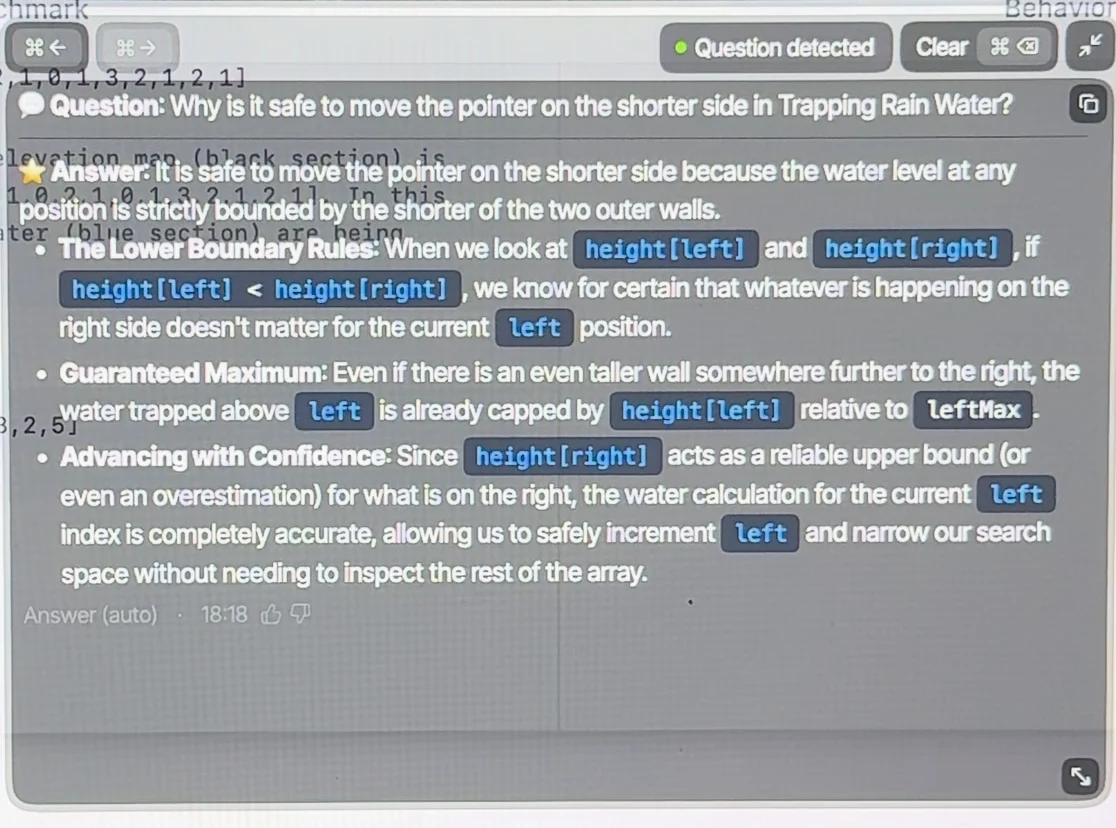 Parakeet answer titled “Why is it safe to move the pointer on the shorter side in Trapping Rain Water?”, which calls height[right] a reliable upper bound