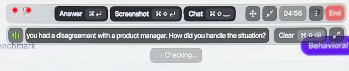 Parakeet toolbar with the full question in the transcript and a grey “Checking…” label underneath
