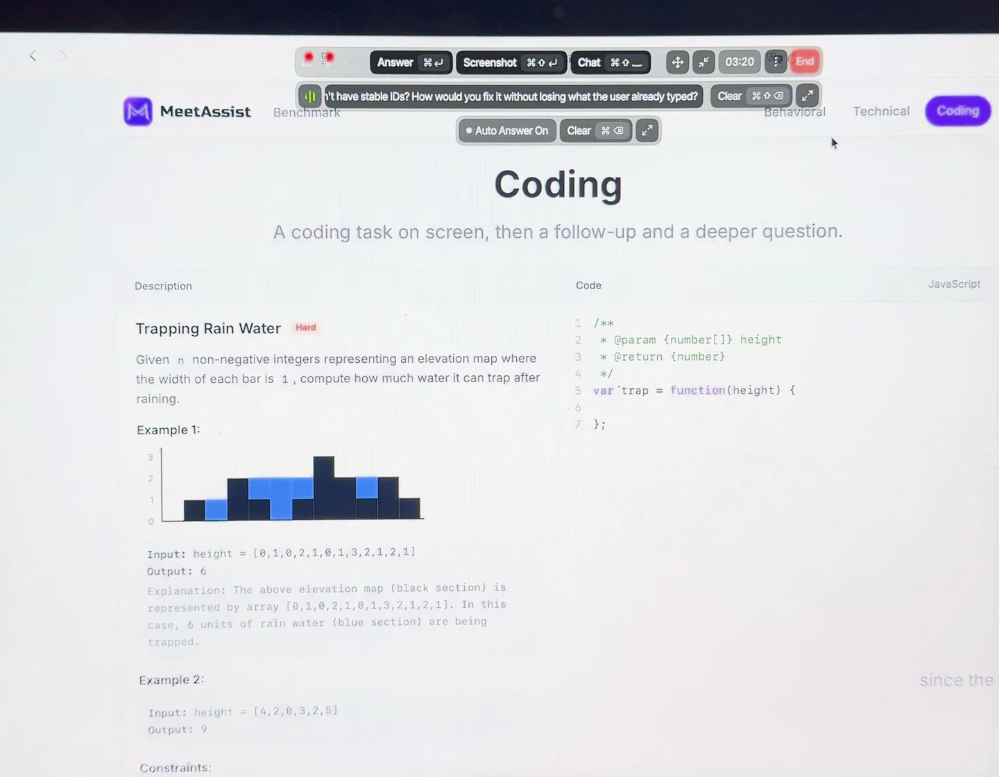 The benchmark coding page: Trapping Rain Water marked Hard, the problem statement, an elevation-map chart, Example 1 and an empty JavaScript function