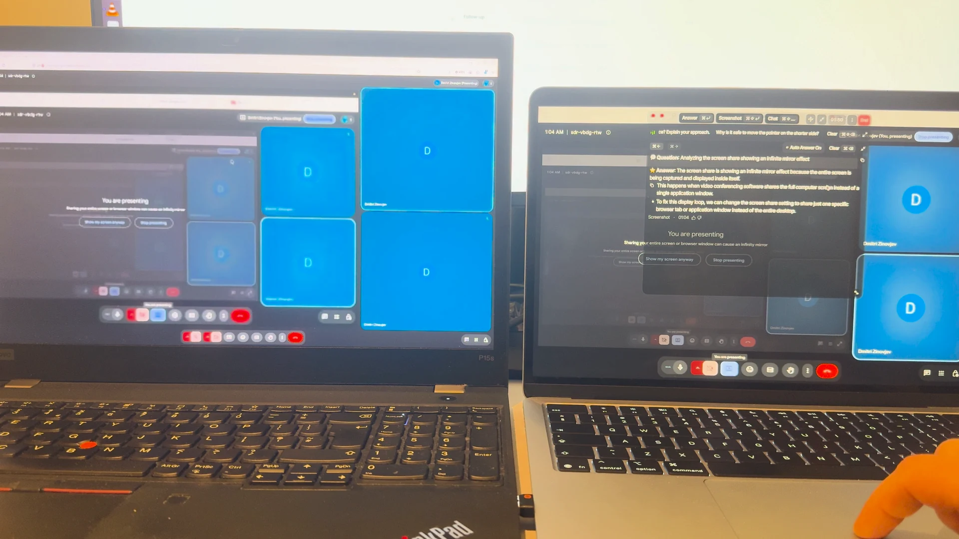 Two laptops in a Google Meet call. On the right, the Mac shares its screen and shows Parakeet's answer window. On the left, the other participant sees the shared Mac screen without Parakeet's window.