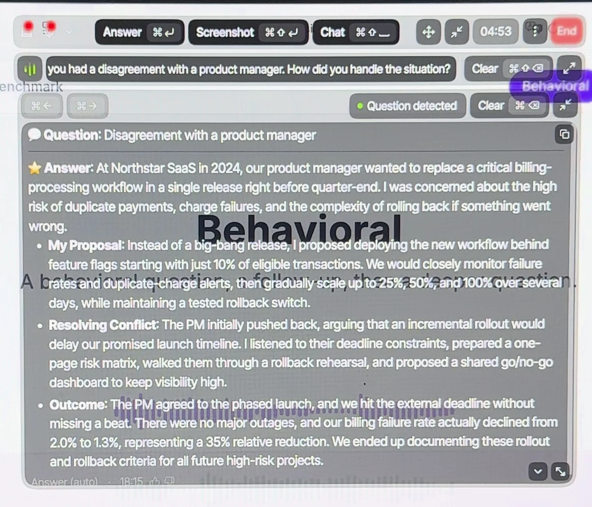 The Parakeet window during our test: the top bar with Answer, Screenshot and Chat buttons, a session timer and End; the live transcript line; and the answer panel titled Question: Disagreement with a product manager