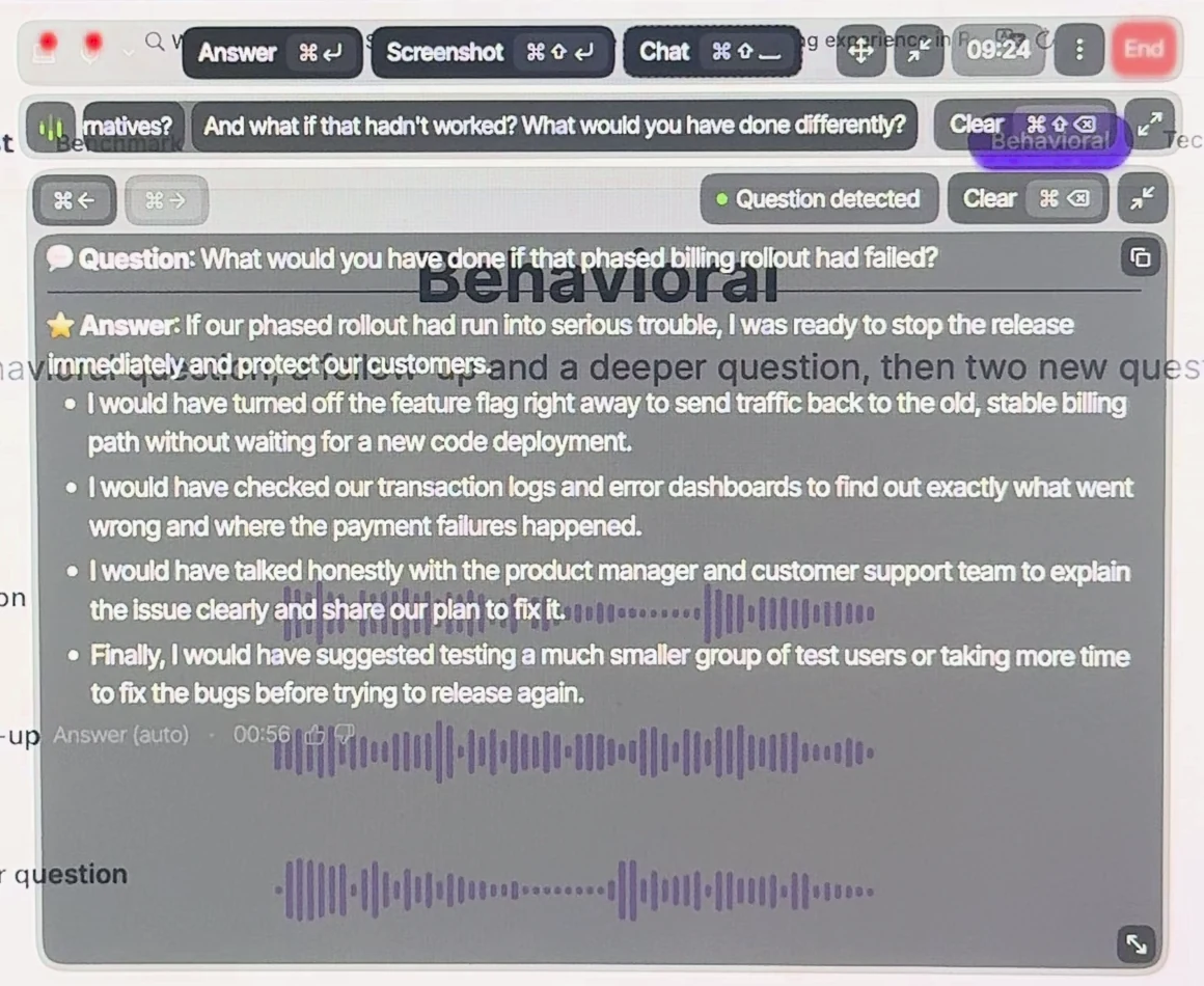 Parakeet answer to What would you have done differently if that hadn't worked, listing stopping the rollout, reverting with the feature flag, checking transaction logs, telling the product manager and support, and trying a smaller group