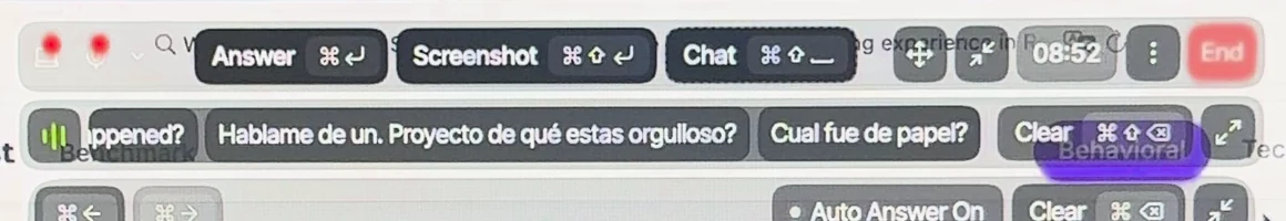 Parakeet transcript line showing Hablame de un. Proyecto de qué estas orgulloso? and Cual fue de papel?