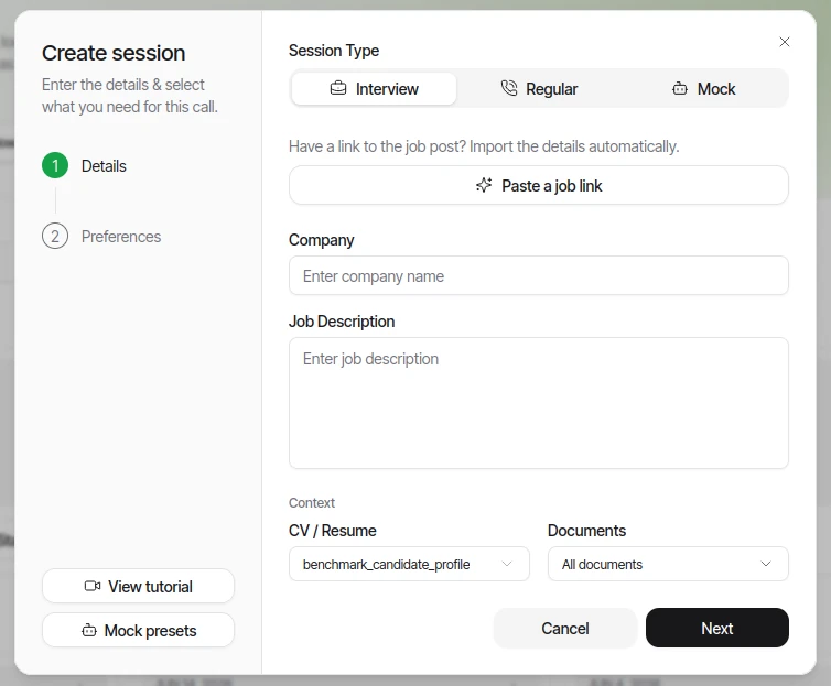 Parakeet's Create session screen, step 1 Details: session type Interview, Regular or Mock, a Paste a job link button, Company and Job Description fields, and CV / Resume and Documents menus