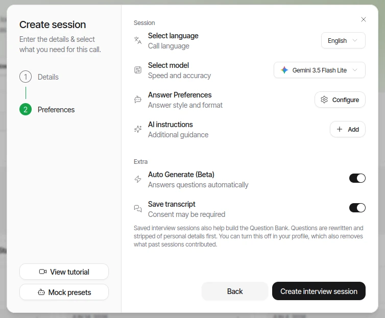 Parakeet's Create session screen, step 2 Preferences: call language English, model Gemini 3.5 Flash Lite, Answer Preferences, AI instructions, Auto Generate (Beta) and Save transcript switches