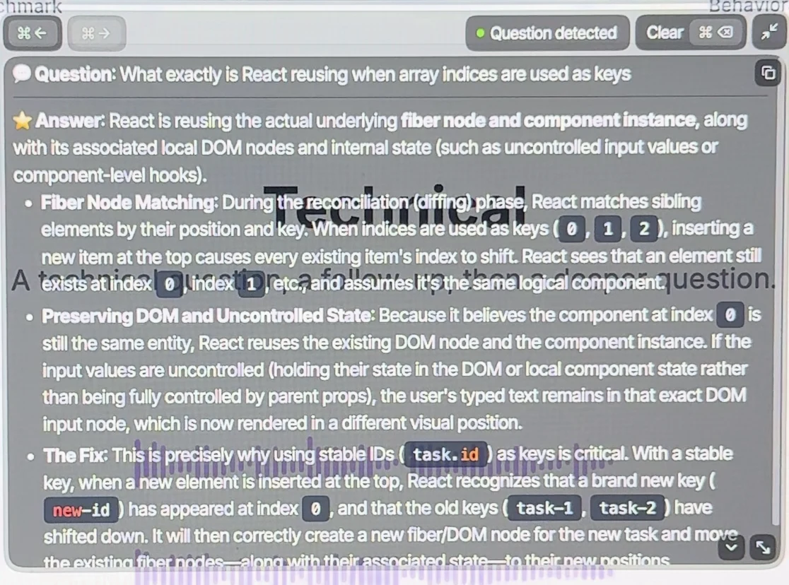 Parakeet answer titled “What exactly is React reusing when array indices are used as keys”: the fiber node and component instance, with sections Fiber Node Matching, Preserving DOM and Uncontrolled State and The Fix