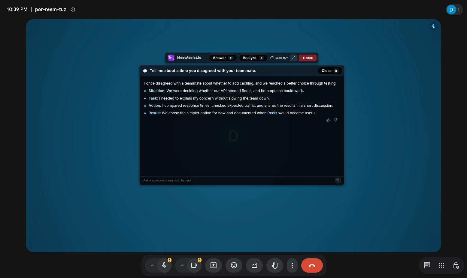 A Google Meet call on your screen with the MeetAssist answer overlay visible to you
